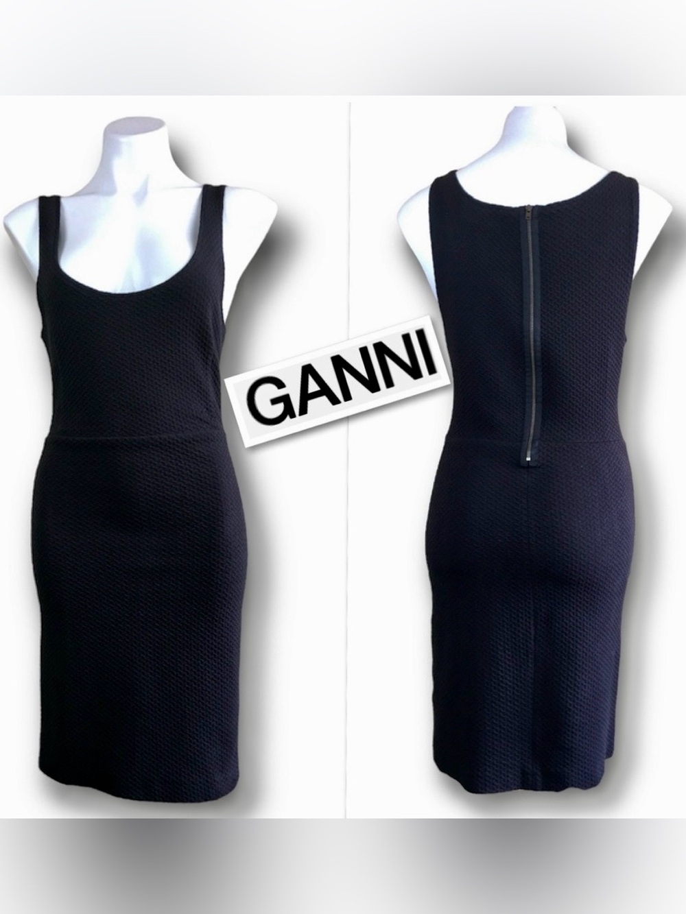 Ganni Black Sleeveless Textured Knit Bodycon Dress